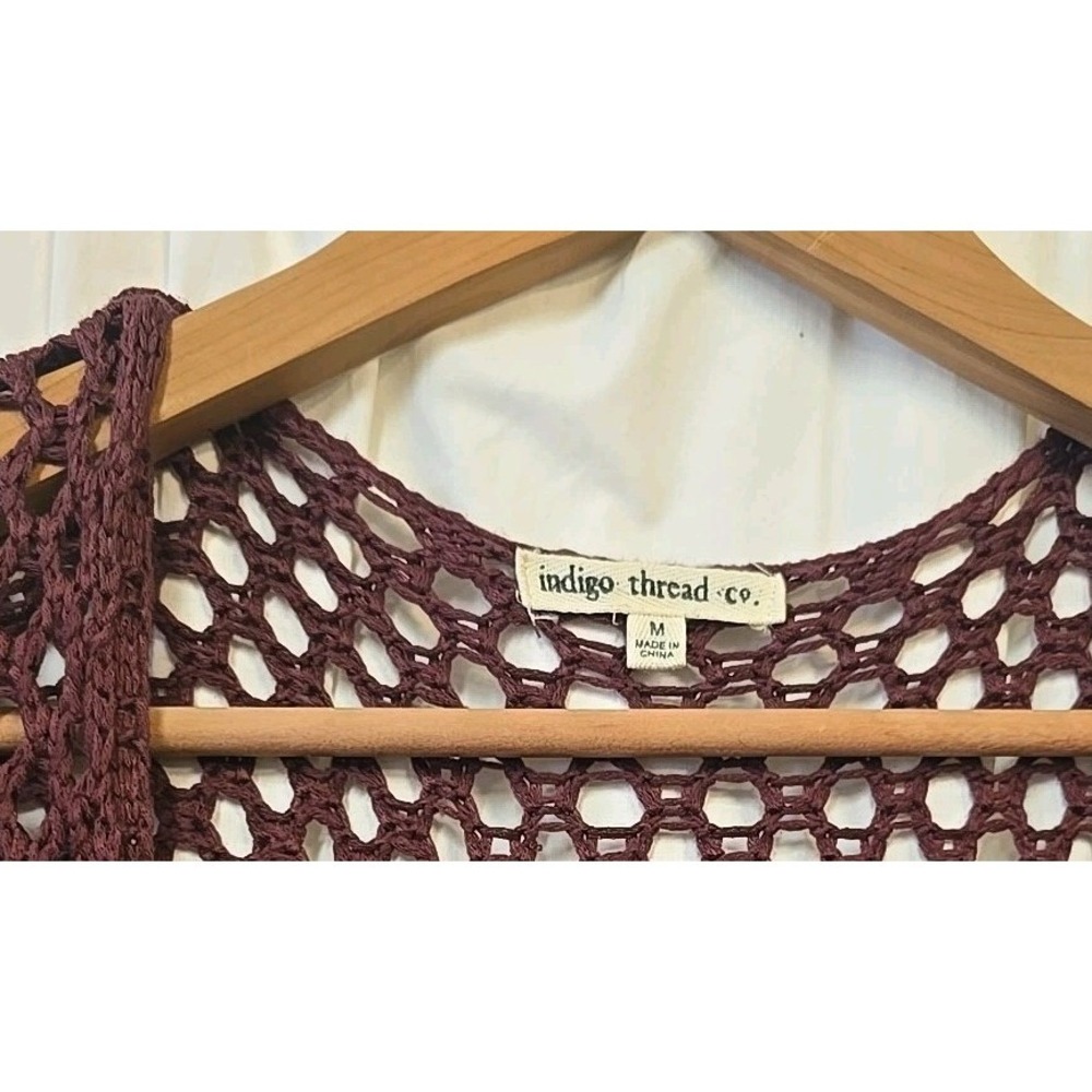 Indigo Thread Co ~ Maroon Crochet Long Sleeveless Cardigan Boho Cottagecore M - Picture 4 of 10